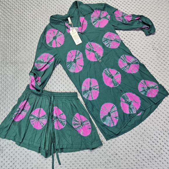 Elan Sand Dollar Button Down Shirt & Shorts in pink/green‎ Sz. M Nwt - Picture 1 of 12